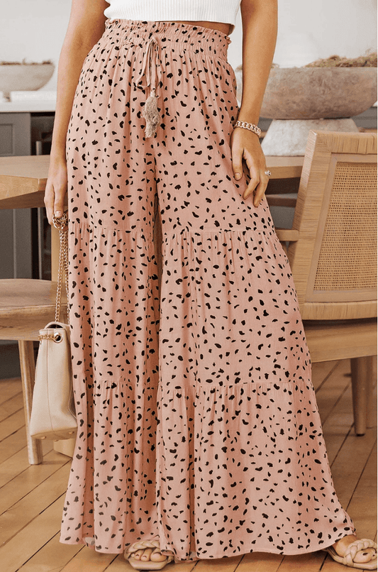 Brown Ruffle Wide Leg Dalmatian Palazzo Pants - DENIM & ONYX
