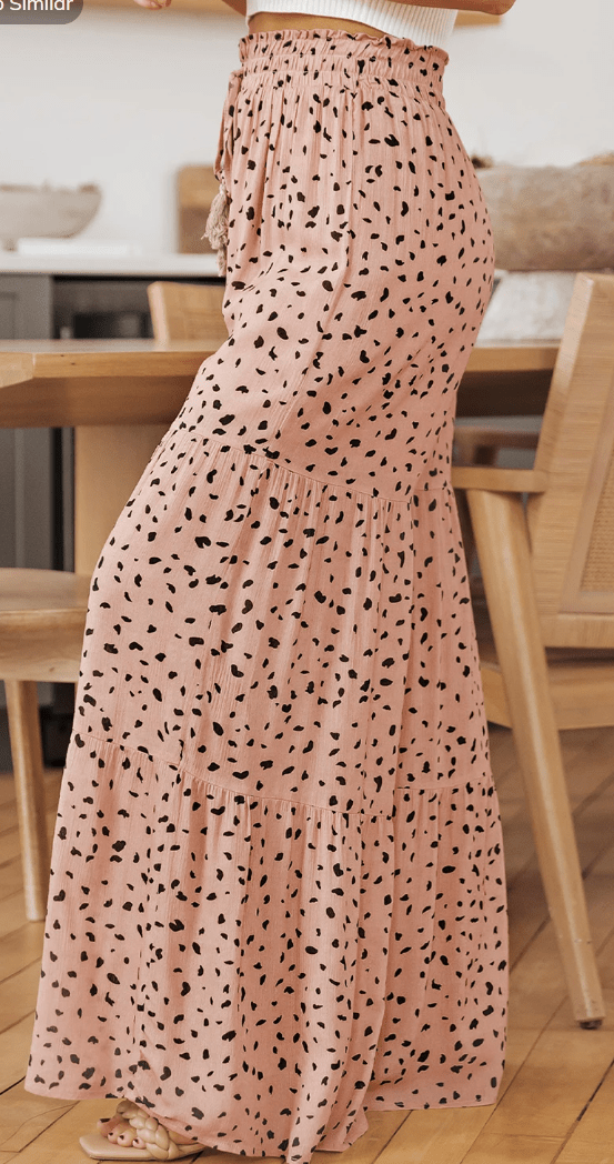 Brown Ruffle Wide Leg Dalmatian Palazzo Pants - DENIM & ONYX