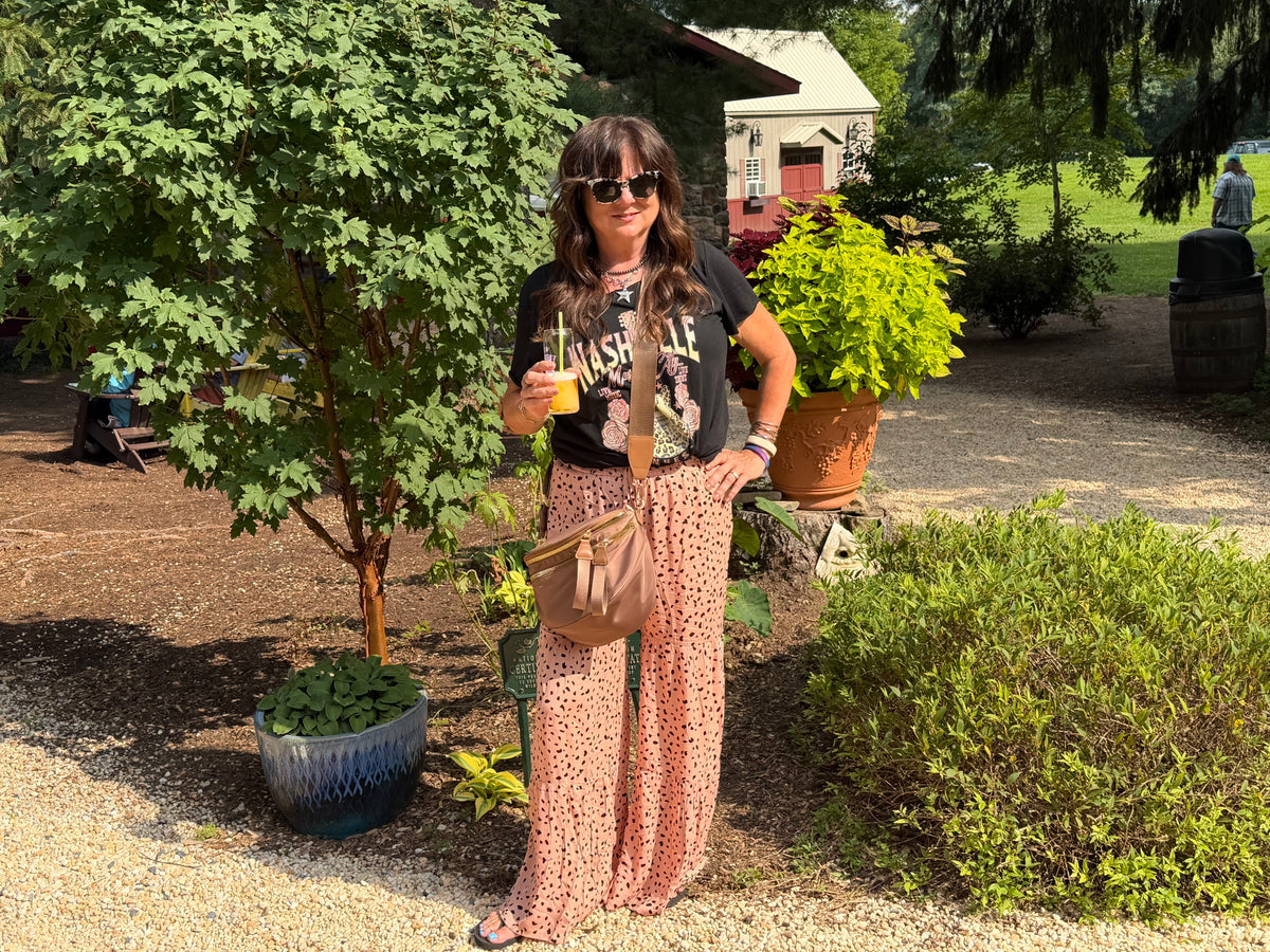 Brown Ruffle Wide Leg Dalmatian Palazzo Pants - DENIM & ONYX