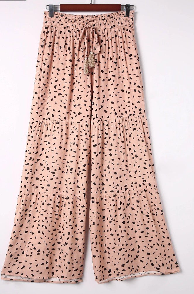 Brown Ruffle Wide Leg Dalmatian Palazzo Pants - DENIM & ONYX