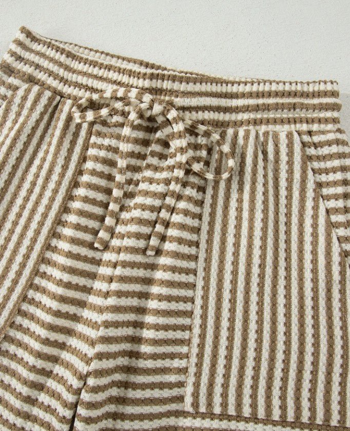 Brown Strip Breathable Textured Knit Shorts 2 Piece - DENIM & ONYX