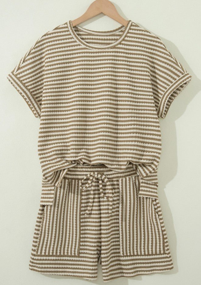 Brown Strip Breathable Textured Knit Shorts 2 Piece - DENIM & ONYX
