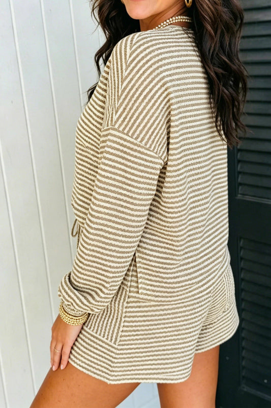 Brown Stripe Breathable Textured Casual Set - DENIM & ONYX