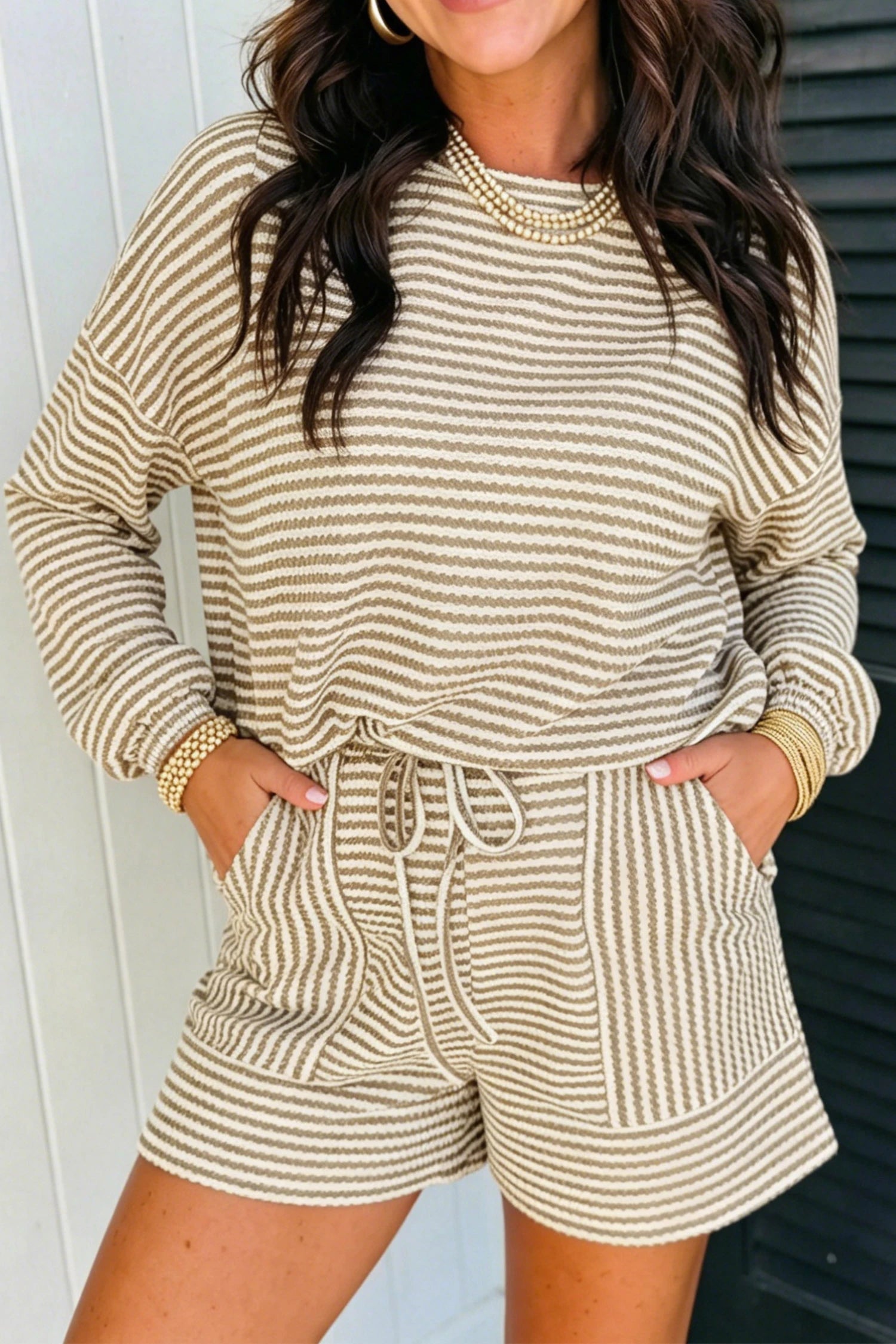 Brown Stripe Breathable Textured Casual Set - DENIM & ONYX