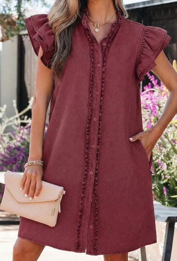Button Down Ruffle Short Sleeve Denim Mini Dress - DENIM & ONYX