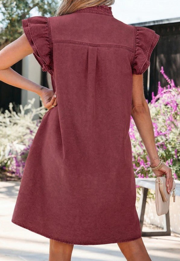 Button Down Ruffle Short Sleeve Denim Mini Dress - DENIM & ONYX