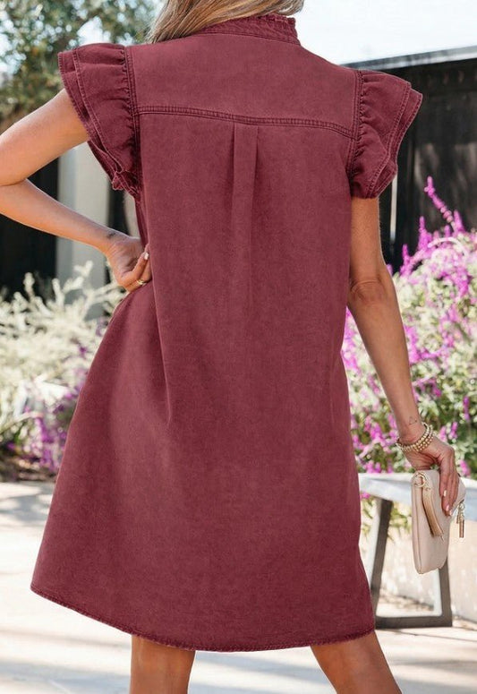 Button Down Ruffle Short Sleeve Denim Mini Dress - DENIM & ONYX