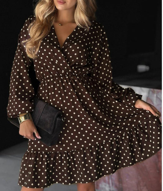 Chicory Coffee Polka Dot Long Sleeve Wrap V Neck Ruffle Hem Mini Dress - DENIM & ONYX