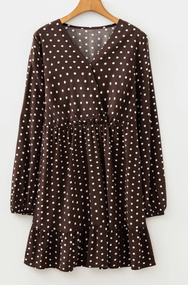 Chicory Coffee Polka Dot Long Sleeve Wrap V Neck Ruffle Hem Mini Dress - DENIM & ONYX