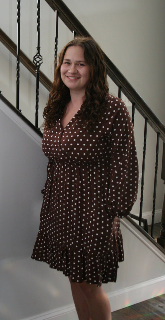 Chicory Coffee Polka Dot Long Sleeve Wrap V Neck Ruffle Hem Mini Dress - DENIM & ONYX