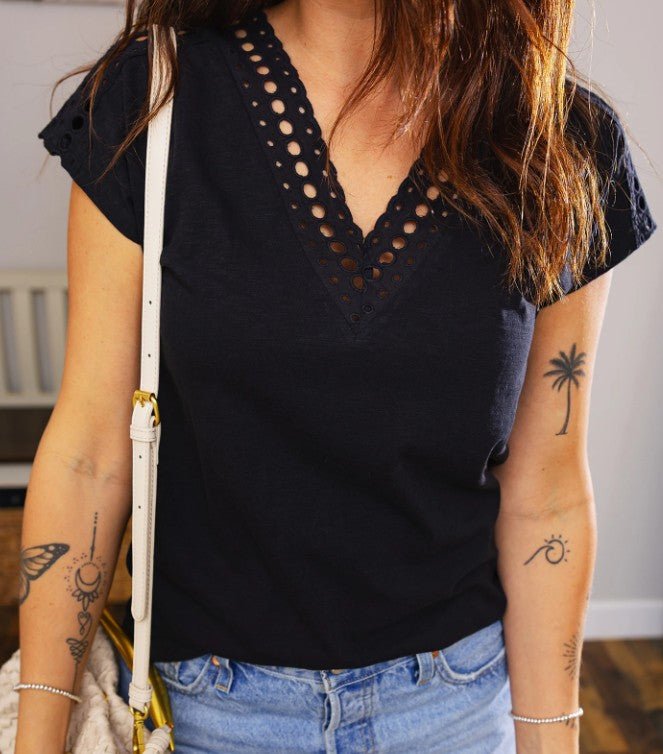 Cutout Embroidered Trim VNeck Cap Sleeve Tee - DENIM & ONYX