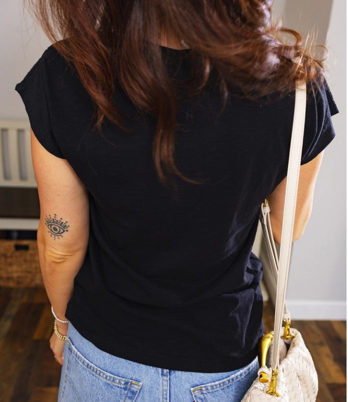 Cutout Embroidered Trim VNeck Cap Sleeve Tee - DENIM & ONYX