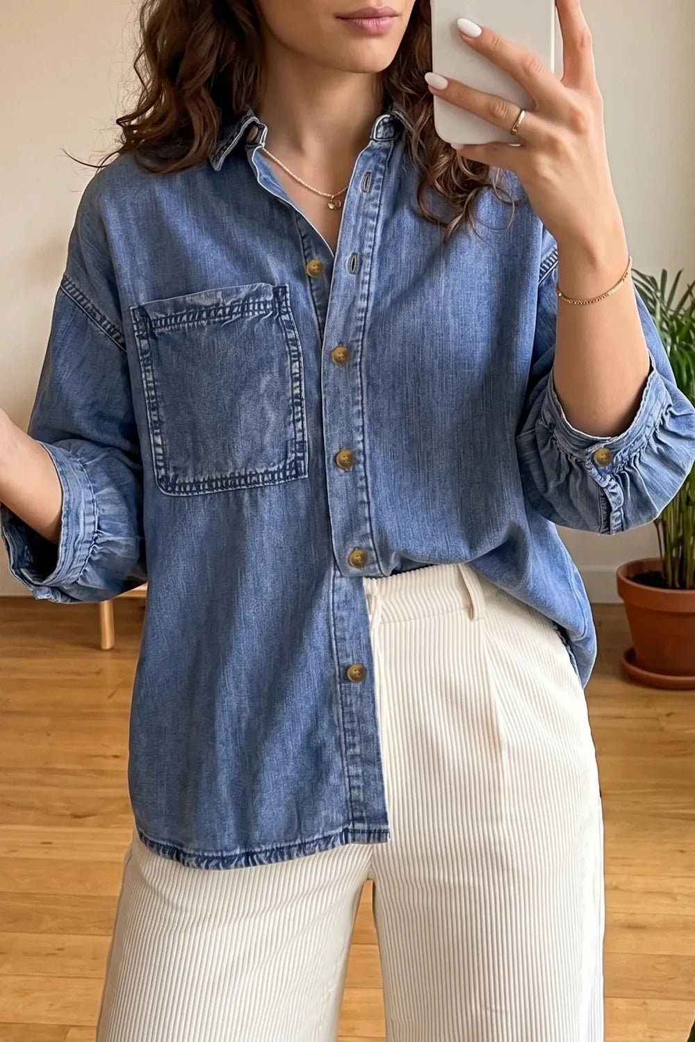 Denim Quarter Sleeve Button Up - DENIM & ONYX