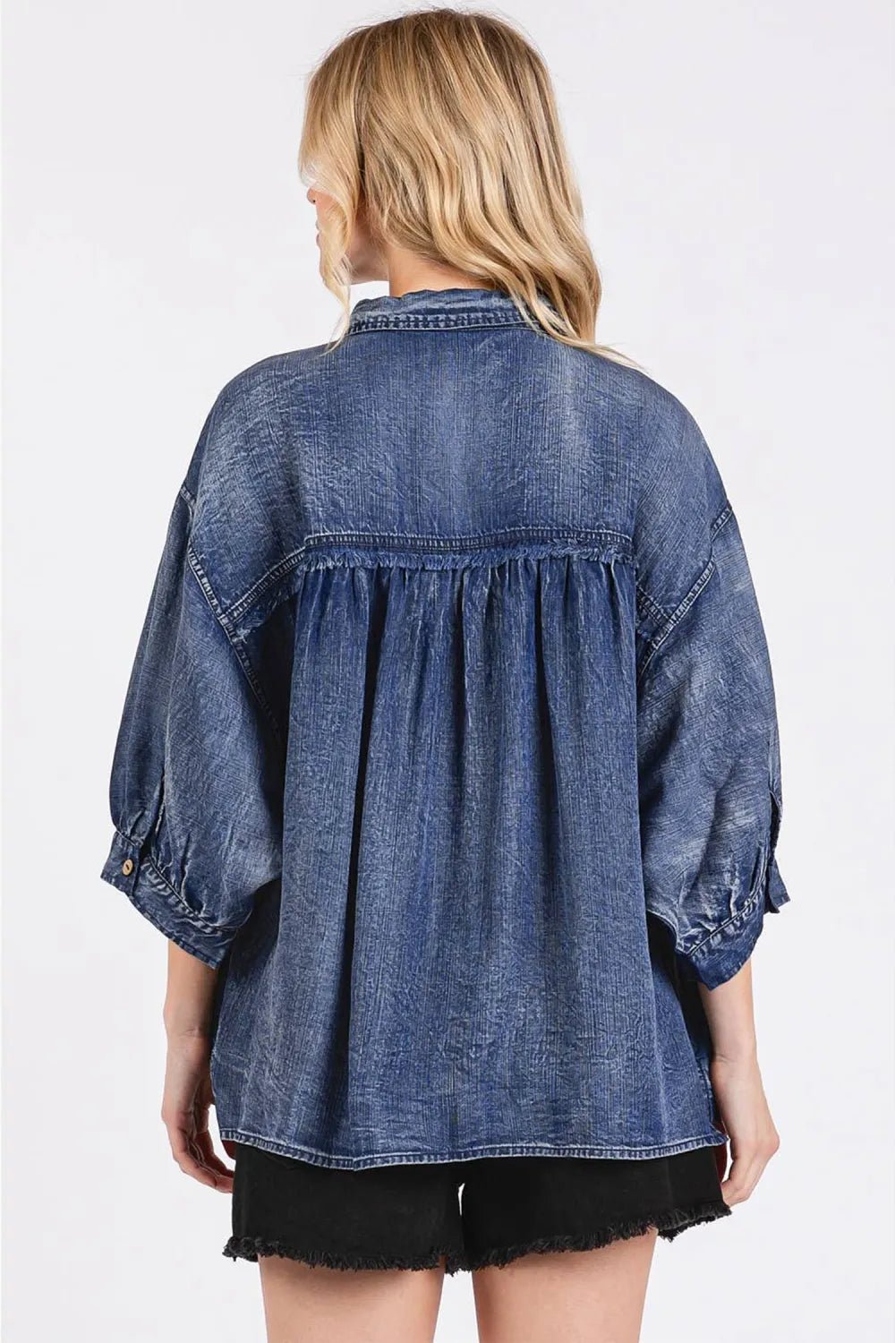 Denim Quarter Sleeve Button Up - DENIM & ONYX