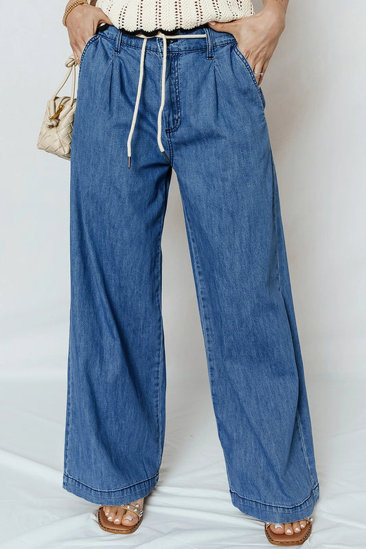 Dusk Blue Lace-Up Pull On Wide Leg Jeans - DENIM & ONYX