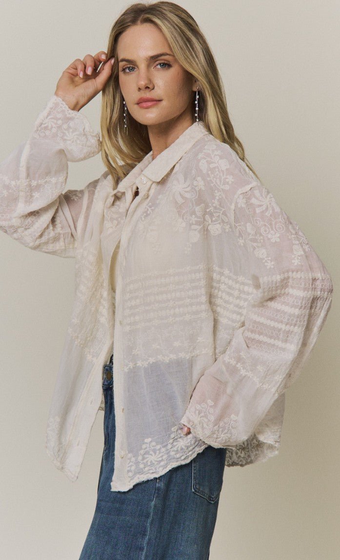 Embroidered Sheer Button-down Blouse - DENIM & ONYX