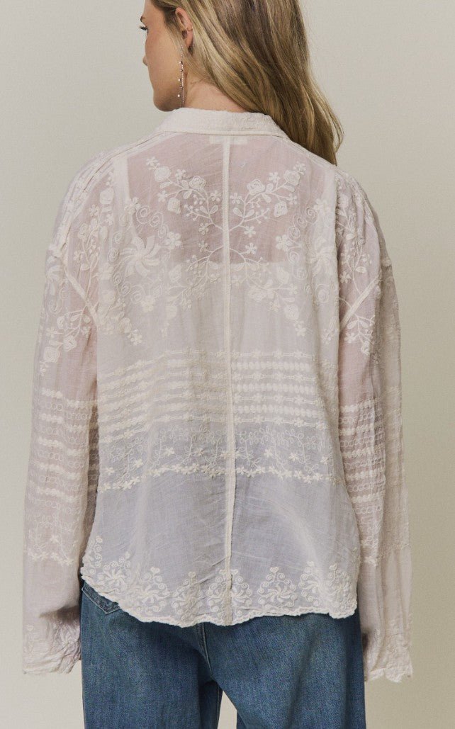 Embroidered Sheer Button-down Blouse - DENIM & ONYX