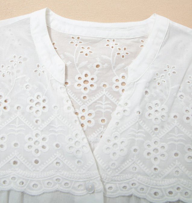Eyelet Embroidered Patchwork Short Sleeve Shirt - DENIM & ONYX