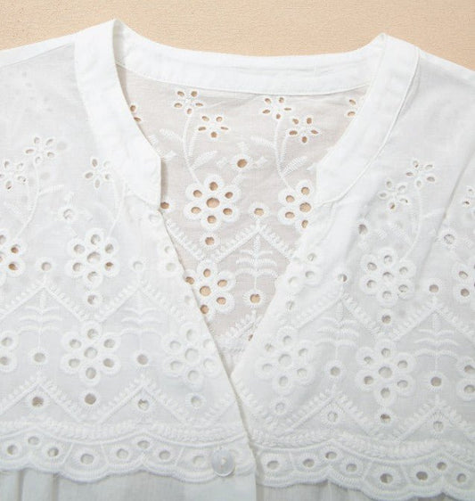 Eyelet Embroidered Patchwork Short Sleeve Shirt - DENIM & ONYX