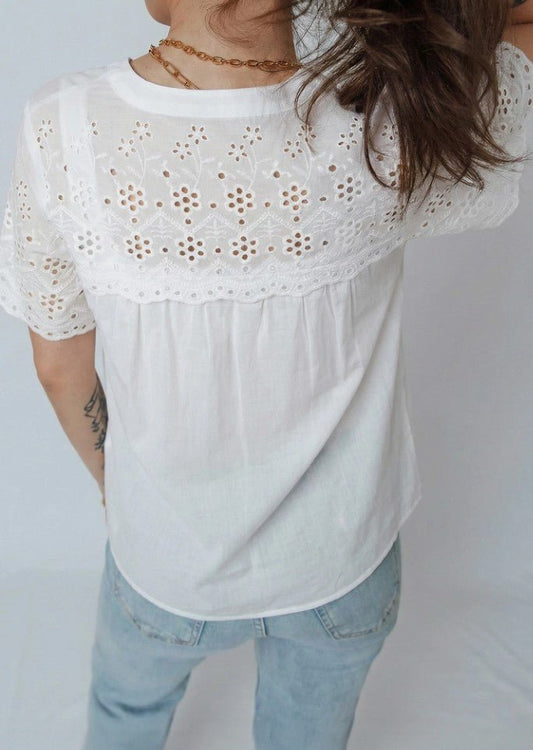 Eyelet Embroidered Patchwork Short Sleeve Shirt - DENIM & ONYX