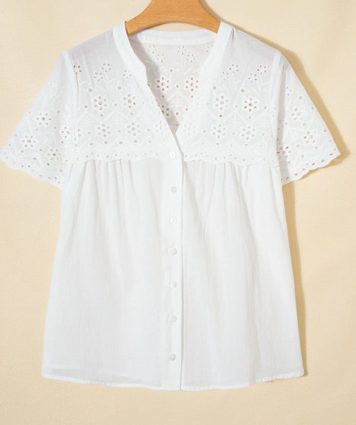 Eyelet Embroidered Patchwork Short Sleeve Shirt - DENIM & ONYX