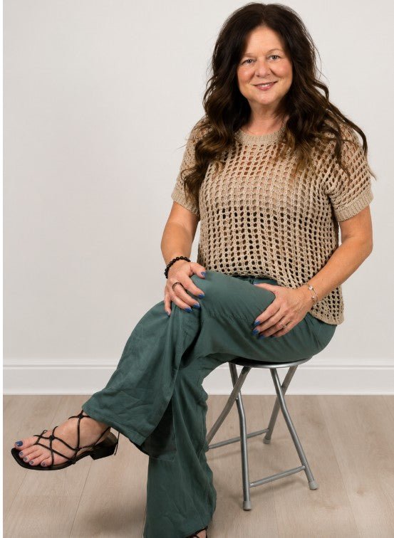 Fish Net Short Sleeve Crochet Sweater - DENIM & ONYX