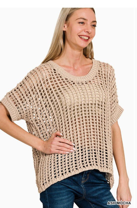 Fish Net Short Sleeve Crochet Sweater - DENIM & ONYX