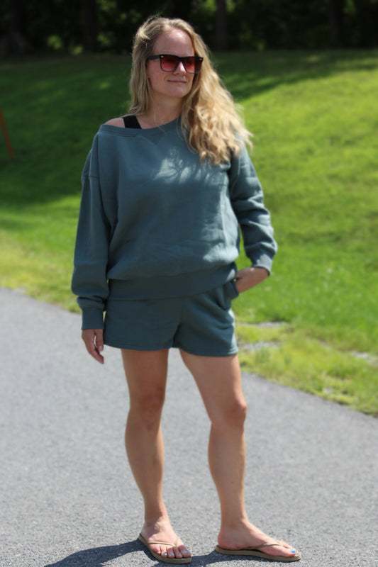 Fleece Sweatshirt & Shorts 2pcs Set - DENIM & ONYX