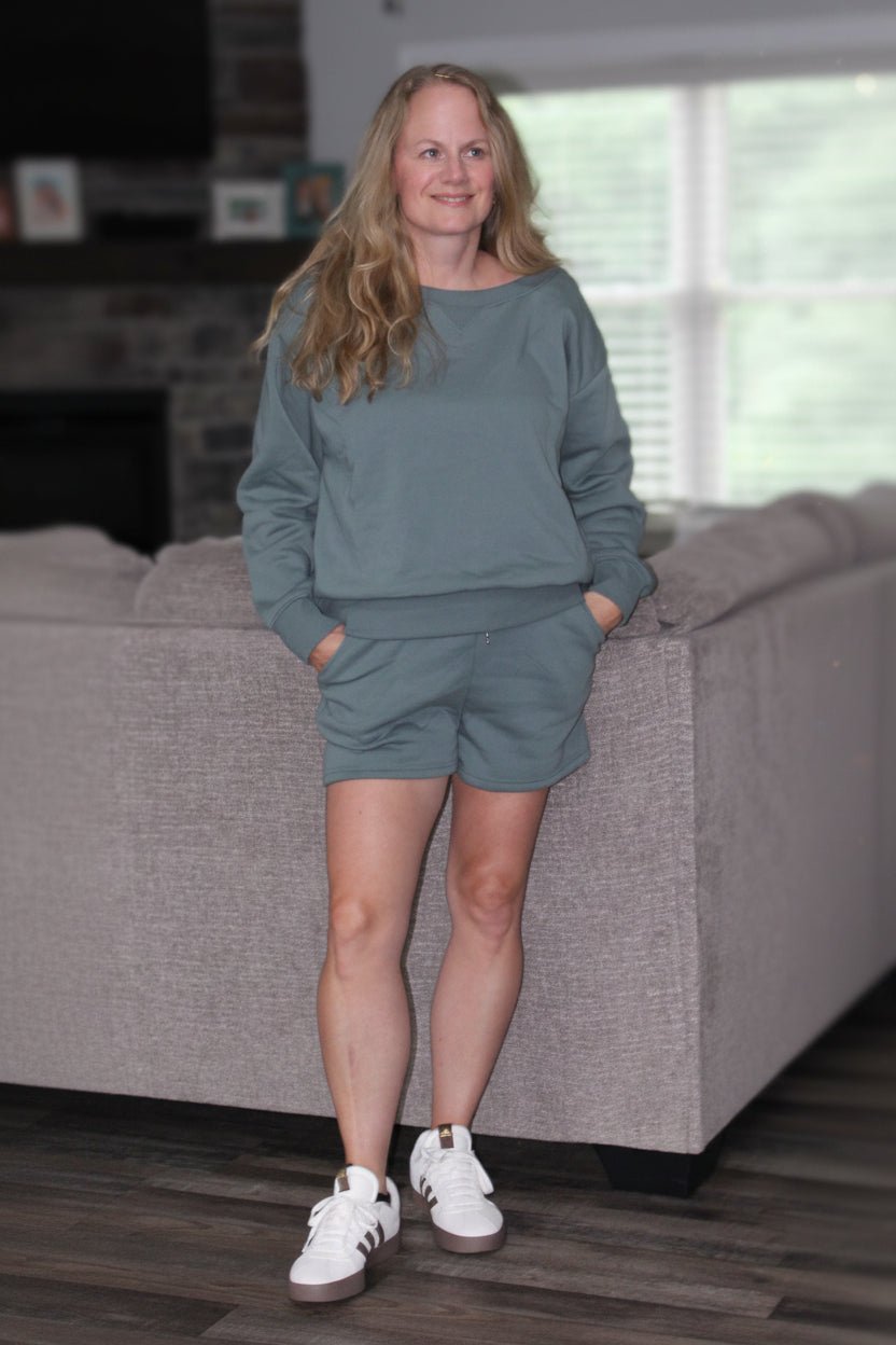 Fleece Sweatshirt & Shorts 2pcs Set - DENIM & ONYX