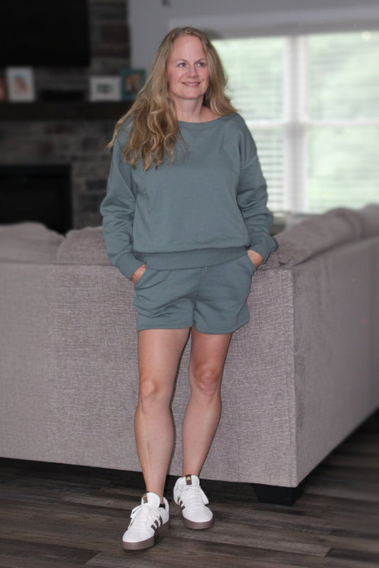 Fleece Sweatshirt & Shorts 2pcs Set - DENIM & ONYX