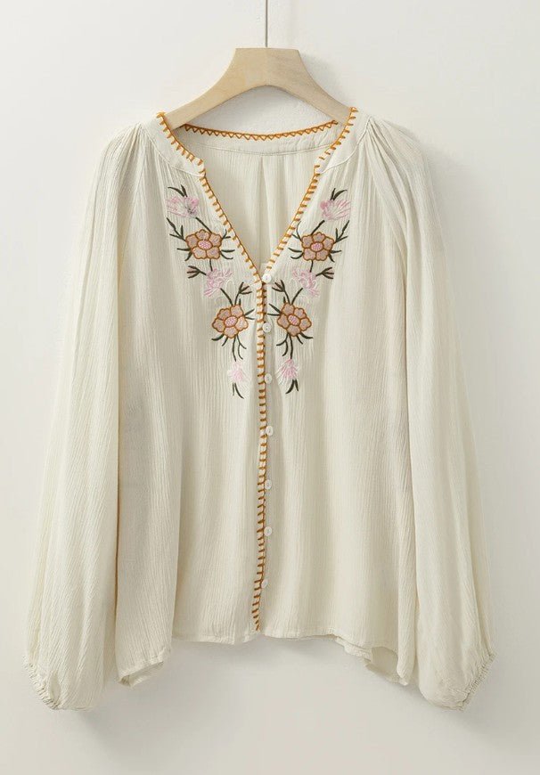 Floral Embroided Textured Puff Sleeve Loose Shirt - DENIM & ONYX