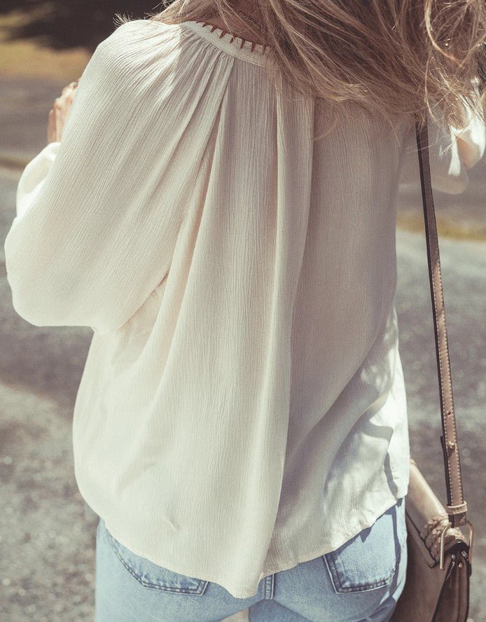 Floral Embroided Textured Puff Sleeve Loose Shirt - DENIM & ONYX