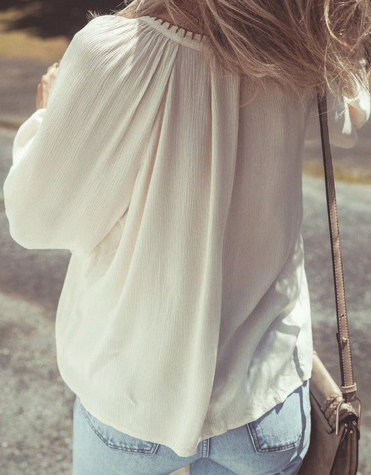 Floral Embroided Textured Puff Sleeve Loose Shirt - DENIM & ONYX