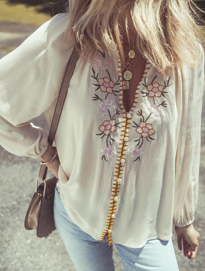 Floral Embroided Textured Puff Sleeve Loose Shirt - DENIM & ONYX