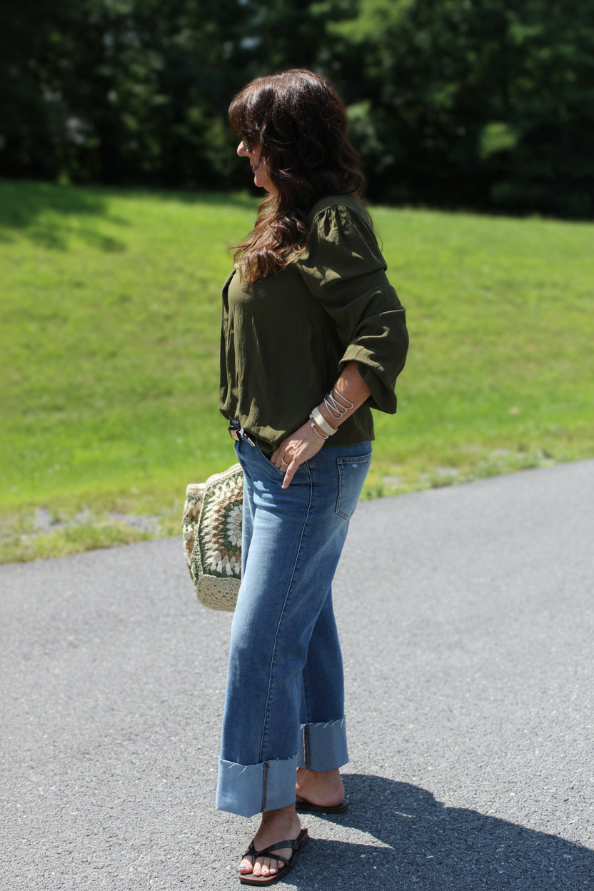 Front Pleated Crinkle Blouse - DENIM & ONYX