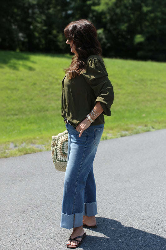 Front Pleated Crinkle Blouse - DENIM & ONYX