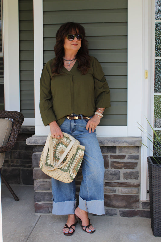 Front Pleated Crinkle Blouse - DENIM & ONYX