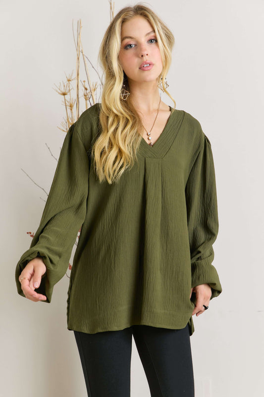 Front Pleated Crinkle Blouse - DENIM & ONYX
