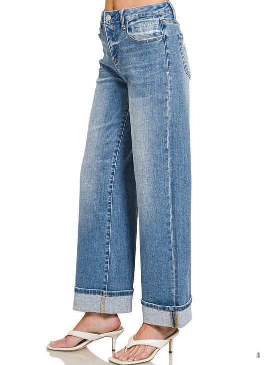High Rise Cuffed Wide Leg Denim - DENIM & ONYX