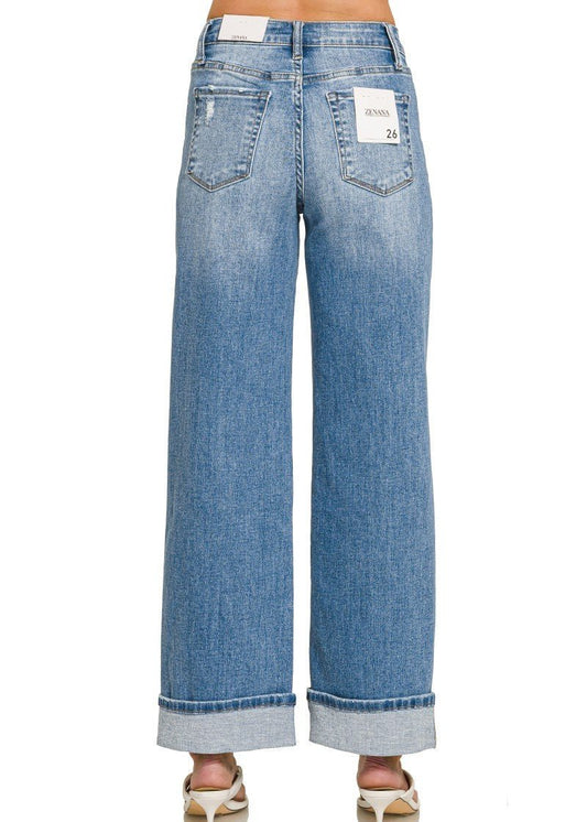 High Rise Cuffed Wide Leg Denim - DENIM & ONYX