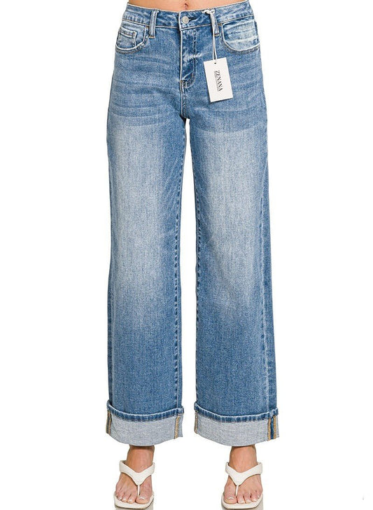 High Rise Cuffed Wide Leg Denim - DENIM & ONYX
