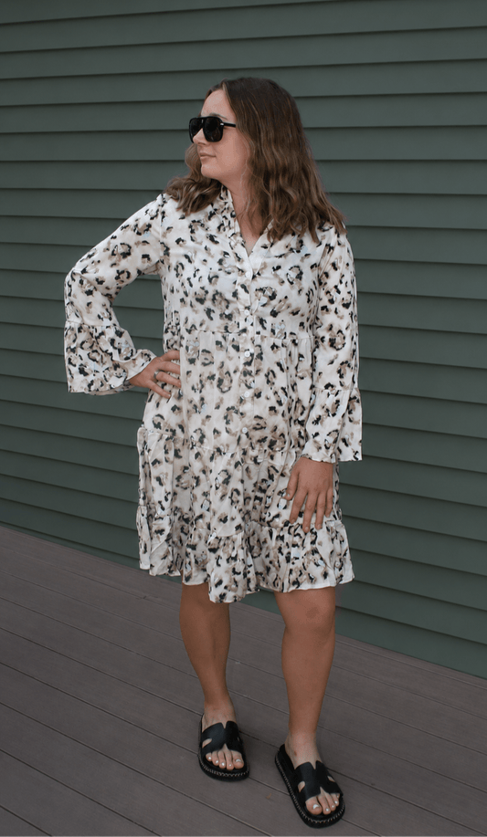 Khaki Leopard Print Buttoned Front 3/4 Sleeve Tiered Ruffled Hem Dress - DENIM & ONYX