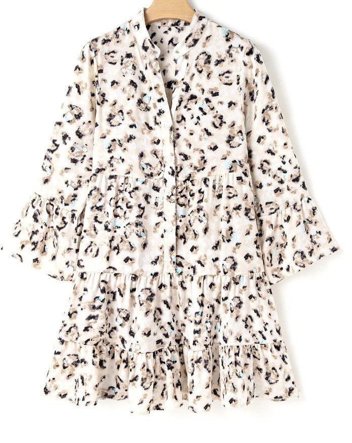 Khaki Leopard Print Buttoned Front 3/4 Sleeve Tiered Ruffled Hem Dress - DENIM & ONYX