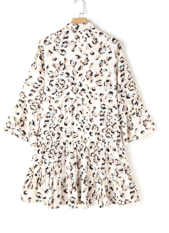 Khaki Leopard Print Buttoned Front 3/4 Sleeve Tiered Ruffled Hem Dress - DENIM & ONYX