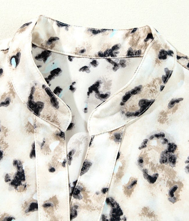 Khaki Leopard Print Buttoned Front 3/4 Sleeve Tiered Ruffled Hem Dress - DENIM & ONYX