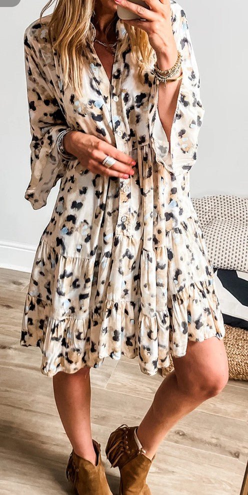 Khaki Leopard Print Buttoned Front 3/4 Sleeve Tiered Ruffled Hem Dress - DENIM & ONYX