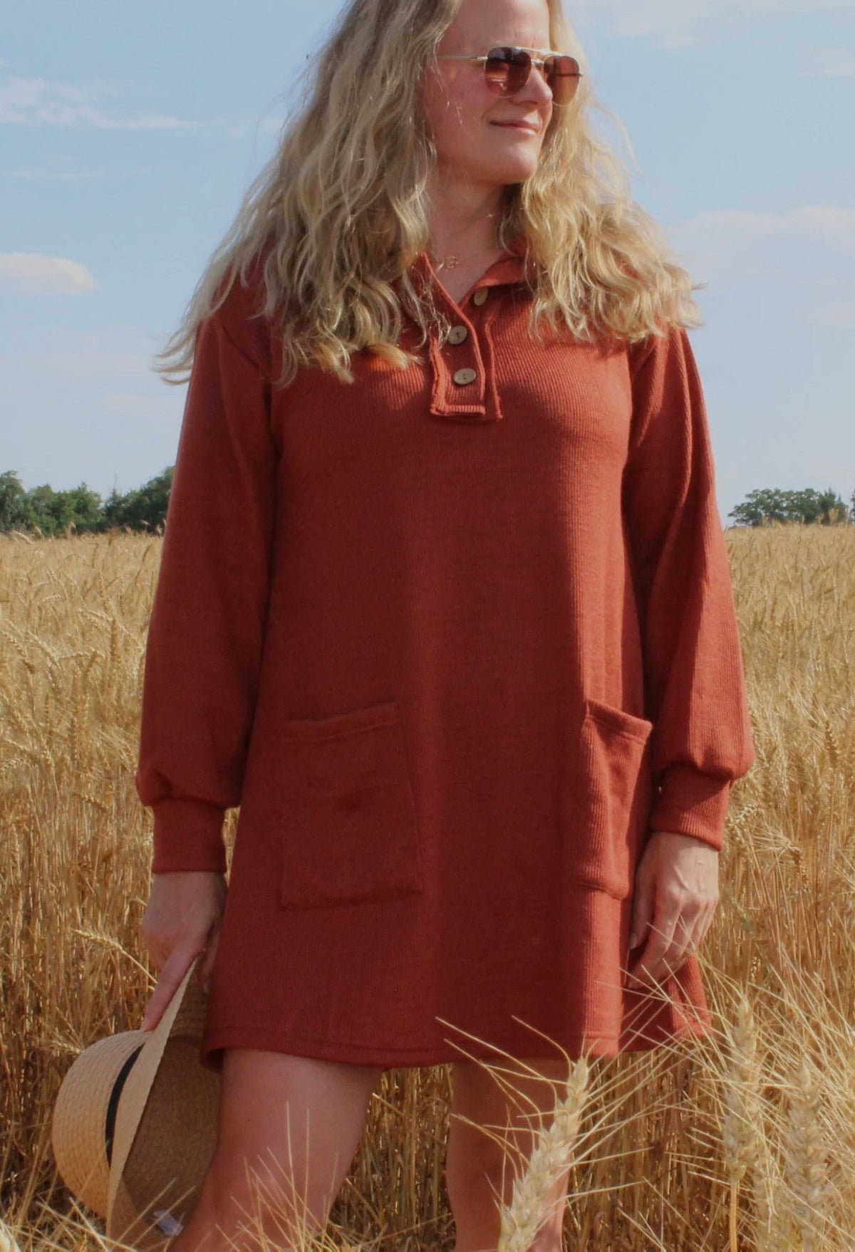 LONG SLEEVE KNIT BUTTON DOWN COLLAR DRESS WITH POCKETS - DENIM & ONYX