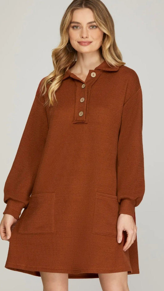 LONG SLEEVE KNIT BUTTON DOWN COLLAR DRESS WITH POCKETS - DENIM & ONYX