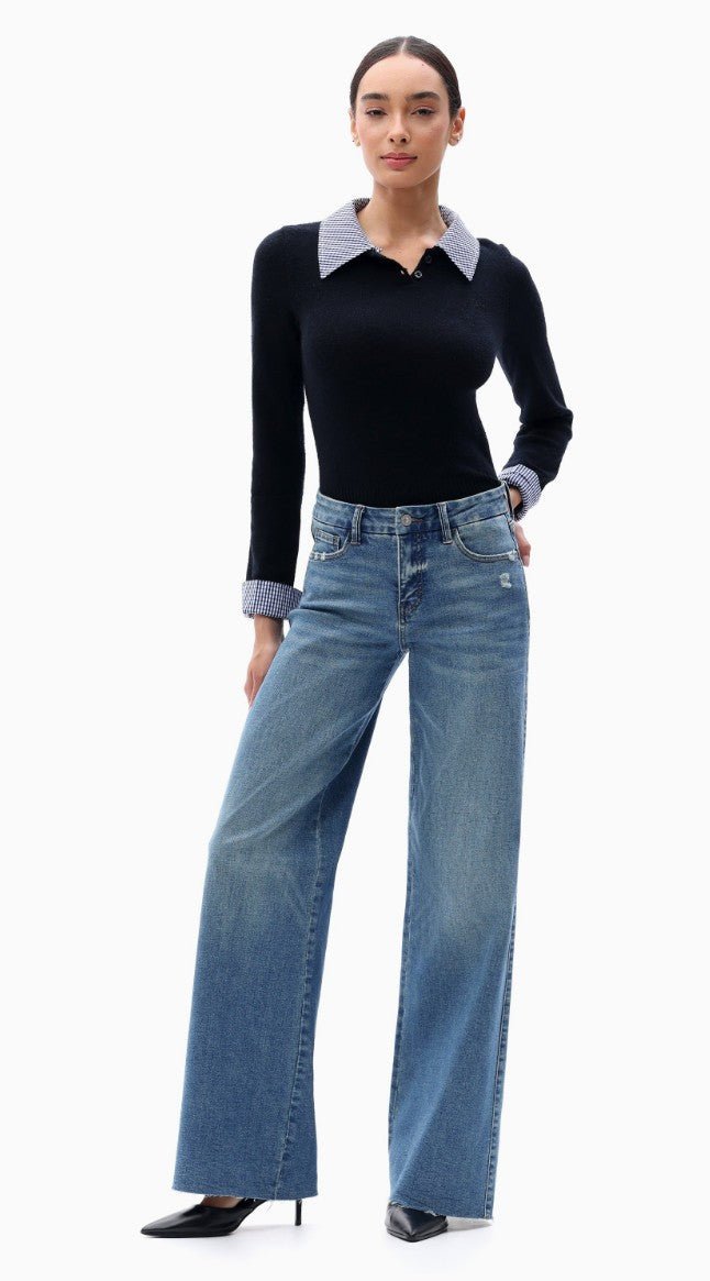 Mid Rise Wide Leg Jeans Raw Hem Vintage Denim - DENIM & ONYX