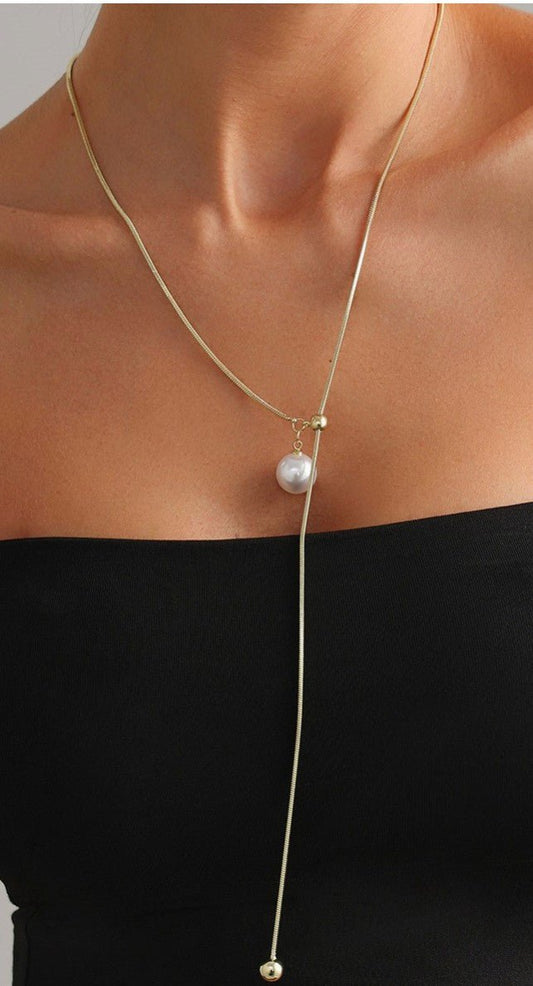 Minimalist Pearl Lariat Necklace - DENIM & ONYX